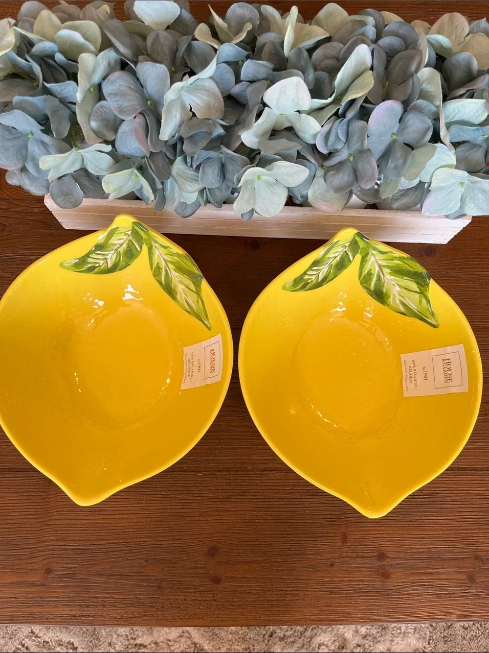NWT Bright Yellow Lemon-Shaped Melamine Small Serving Bowls with Leaf - Set of 2